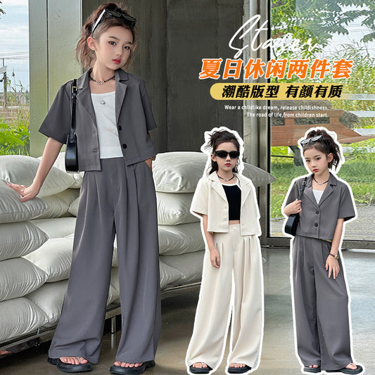 A summer new Korean version of medium and older children's thin cardigan short-sleeved suit high-waisted wide-leg pants