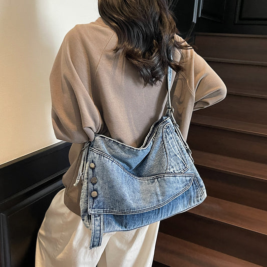 A denim shoulder bag