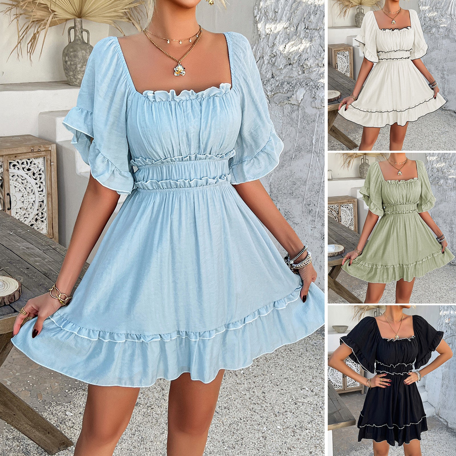 2025 spring and summer European and American leisure vacation style solid color fungus edge short-sleeved dress women's short skirt - Mixbatch