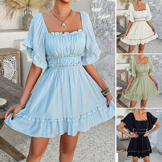 2025 spring and summer European and American leisure vacation style solid color fungus edge short-sleeved dress women's short skirt - Mixbatch