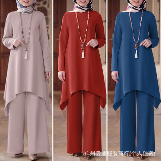 A Muslim women's clothing Middle East cross-border spring and autumn solid color round neck pullover skirt trousers fashion casual suit