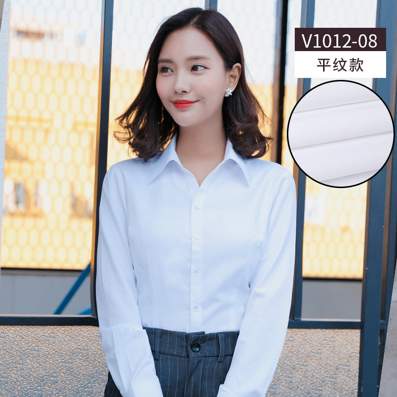 A new women's long-sleeved white shirt OL slim-fitting professional wear, interview overalls cotton V-neck shirt dress collar - Mixbatch