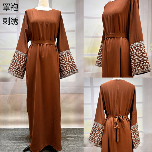 Middle Eastern Muslim Fashion Elegant Cardigan Embroidered Belt Dress Pocket Robe - Mixbatch