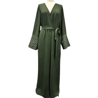 Middle Eastern Muslim Clothing Fashion Elegant Pocket Cardigan Embroidery Contrast Color Dress Robe - Mixbatch
