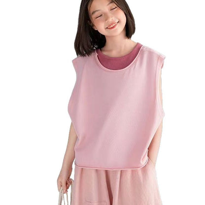 A girls sleeveless vest summer new dopamine solid color loose fashion base two-piece combination top