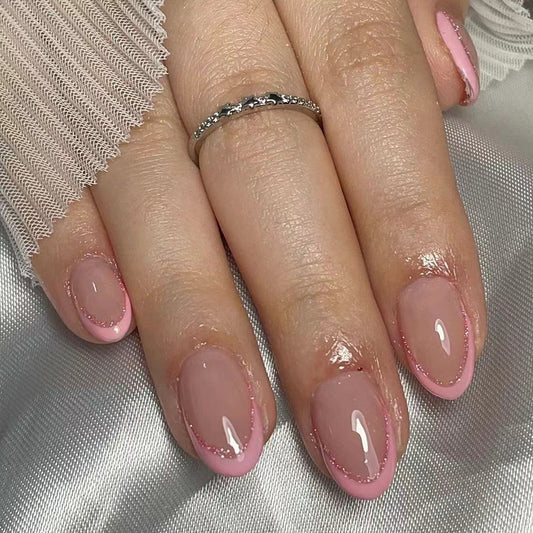 A short glossy oval European and American cross-border foreign trade fresh and fashionable French glitter removable wearable nail patch 24 pieces - Mixbatch