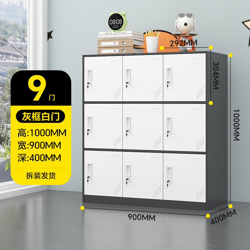 A colorful metal storage locker for school classrooms