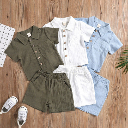 A Boys Cotton and Linen Polo Shirt Solid Color Two-piece Set - Mixbatch