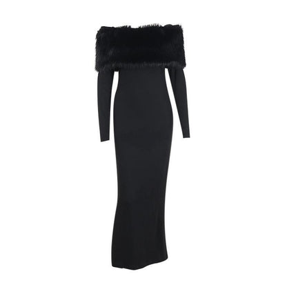 New long dress, fashionable style, elegant one-word shoulder fur collar slim dress - Mixbatch