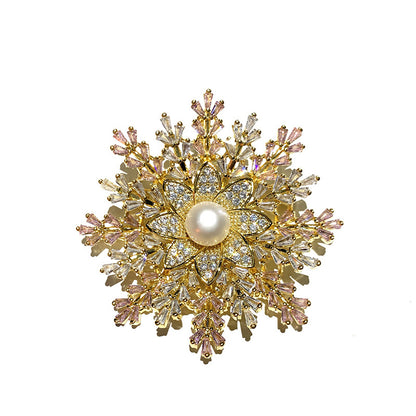 A European and American trend popular snowflake brooch, super flash zircon freshwater pearl brooch celebrity accessories - Mixbatch