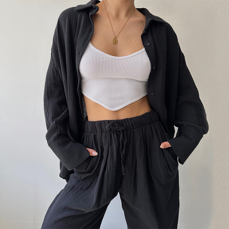 A autumn new simple niche lapel collar long-sleeved shirt high waist trousers casual suit