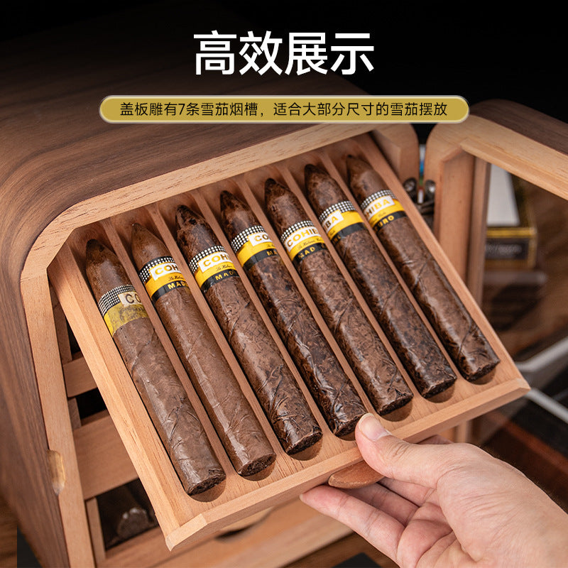 A Cigar Moisturizing Cabinet Cedar Wood Three-layer Large Capacity Perspective Window Black Walnut Wood Grain Cigar Alcoholizing Moisturizing Cabinet