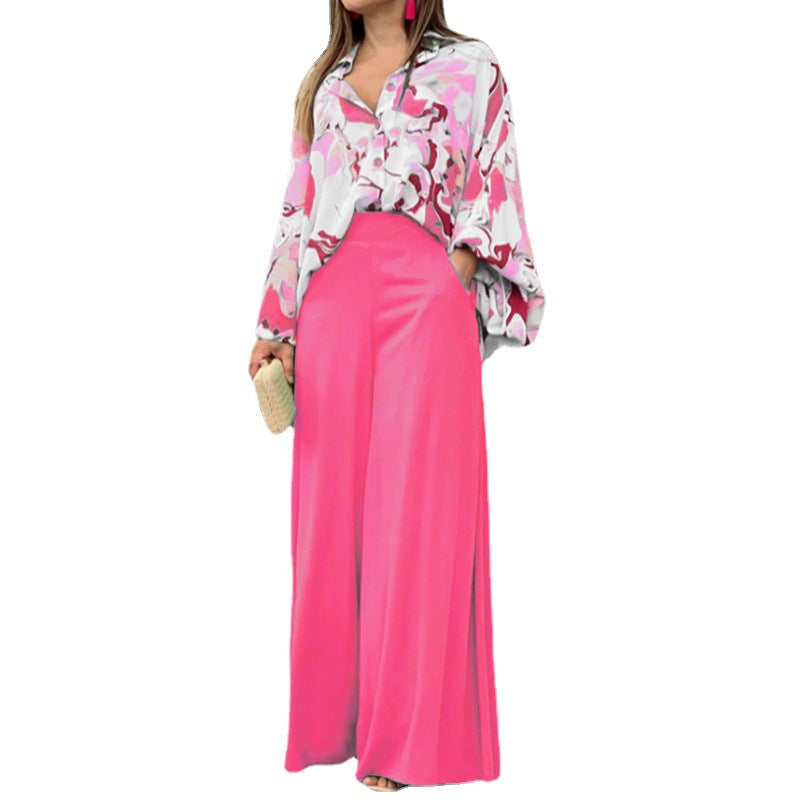 A printed shirt temperament elegant wide-leg pants fashion casual suit