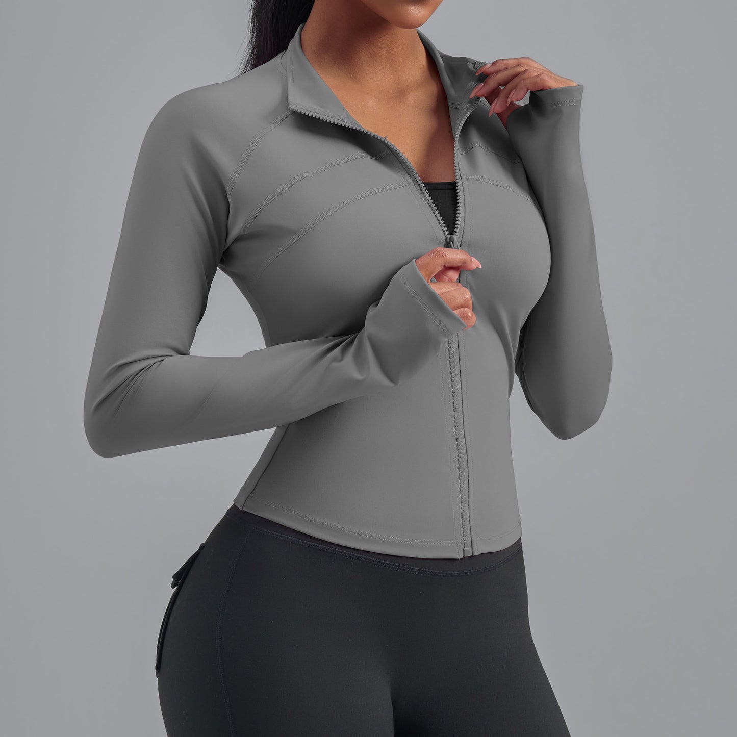 A European and American large size zipper sports jacket elastic tight sports top European size slim and thin yoga clothes women