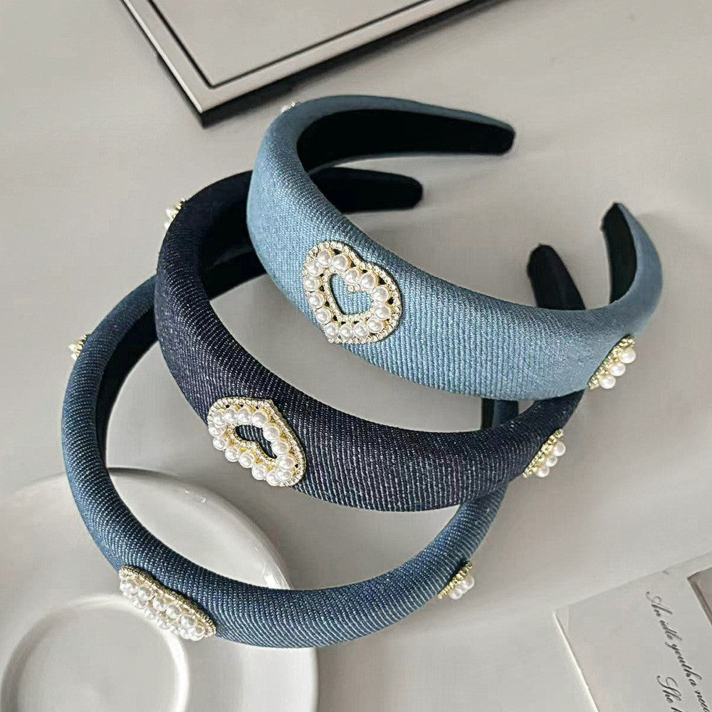 A Denim Blue High Cranium Headband Spring and Summer Daily Out Temperament Hair Accessories Premium Sense Wide Edge Headband