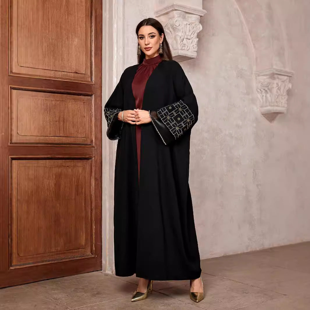 Elegant Middle Eastern Muslim Fashion Cardigan Dubai Arabian Robe Bat Sleeve Gold Thread Embroidery - Mixbatch