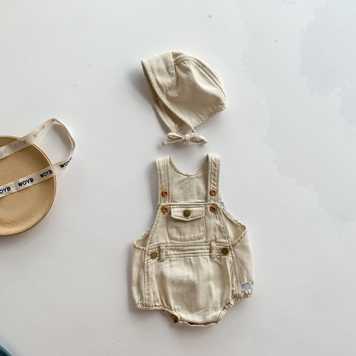 A ins summer Korean version baby and toddler boys and girls sleeveless denim bag butt jumpsuit with shoulder strap climbing suit and hat - Mixbatch