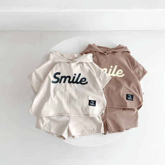 A 2024 Summer Children's Clothing Letter Printed Short sleeved Shorts Set for Boys and Girls Thin Hooded Outgoing Two Piece Set - Mixbatch