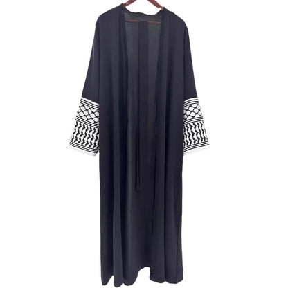 Women's Middle Eastern Muslim Clothing Elegant Pocket Cardigan Embroidered Contrast Dress Belt Robe - Mixbatch
