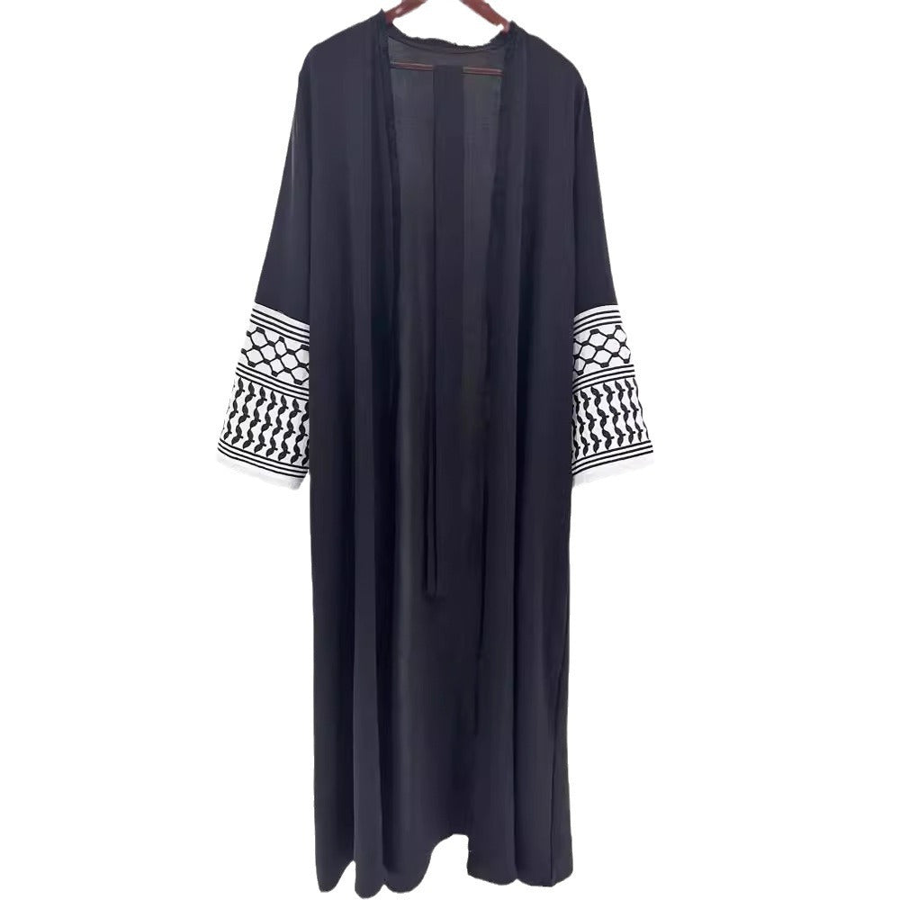 Middle Eastern Muslim Clothing Fashion Elegant Pocket Cardigan Embroidery Contrast Color Black and White Dress Robe - Mixbatch