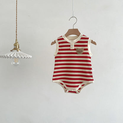 A children's summer dress sleeveless bag fart clothes ins Korean version baby striped bear vest onesie baby outing clothes - Mixbatch