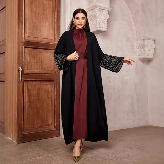 Elegant Middle Eastern Muslim Fashion Cardigan Dubai Arabian Robe Bat Sleeve Gold Thread Embroidery - Mixbatch