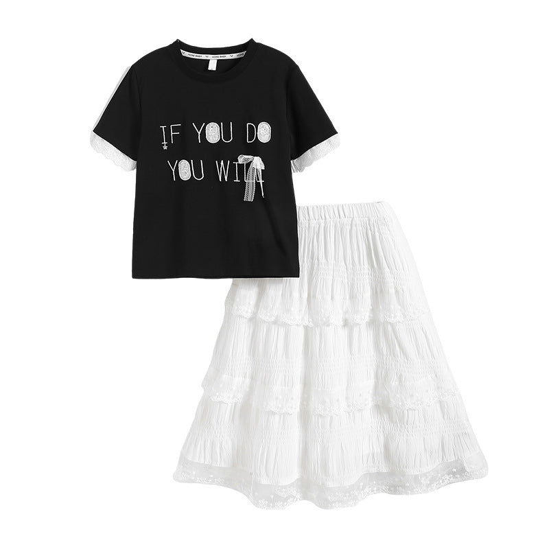 A girls summer suit new children's foreign style Korean version medium and older children's short-sleeved T-shirt half-body lace cake skirt t