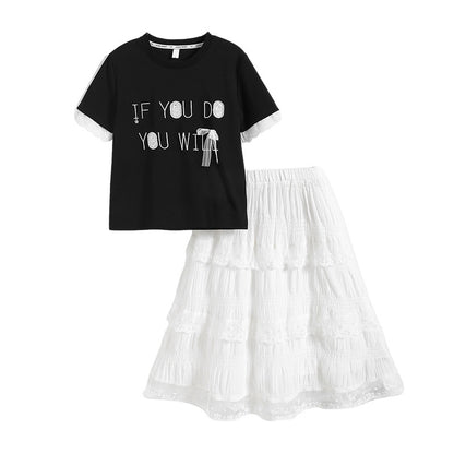 A girls summer suit new children's foreign style Korean version medium and older children's short-sleeved T-shirt half-body lace cake skirt t