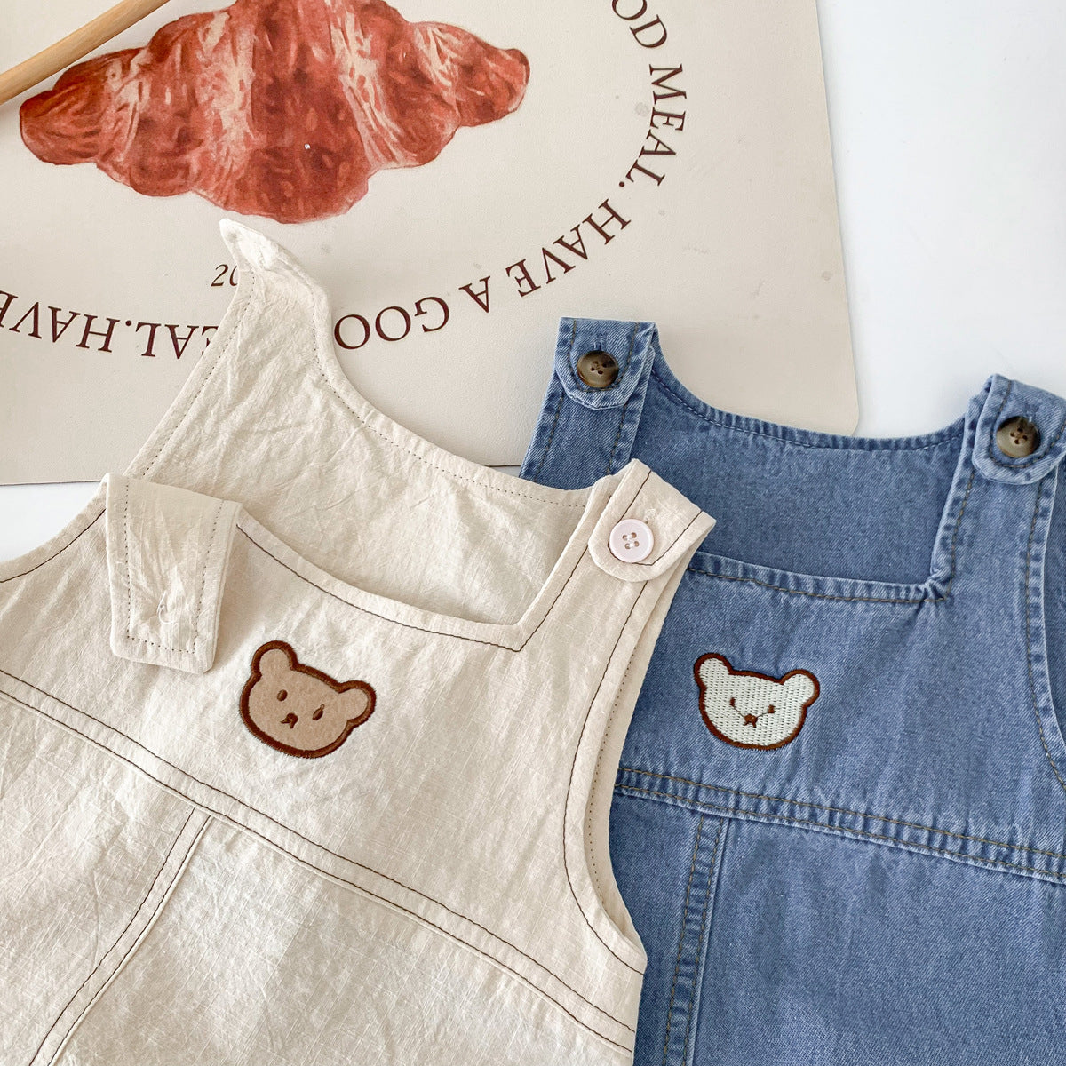 A South Korean children's clothing summer cartoon teddy bear bag fart jacket ins baby shoulder strap triangle jumpsuit - Mixbatch