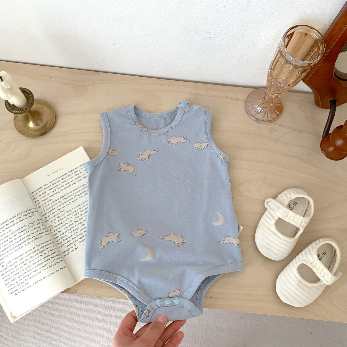 A baby and toddler summer thin boneless vest with buttocks and jumpsuit ins Nordic rabbit floral print sleeveless crawling suit - Mixbatch