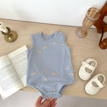 A baby and toddler summer thin boneless vest with buttocks and jumpsuit ins Nordic rabbit floral print sleeveless crawling suit - Mixbatch