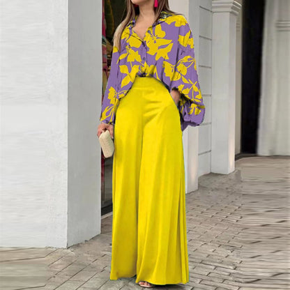 A printed shirt temperament elegant wide-leg pants fashion casual suit