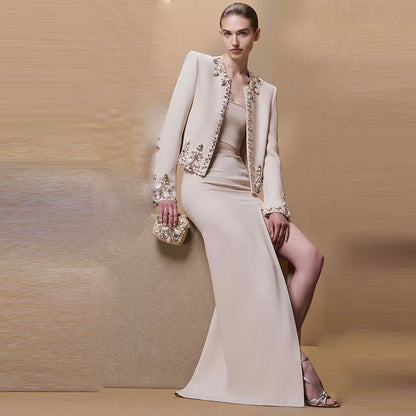 A Heavy Industry Beaded Cardigan Jacket Split Skirt Set, Two-piece Set