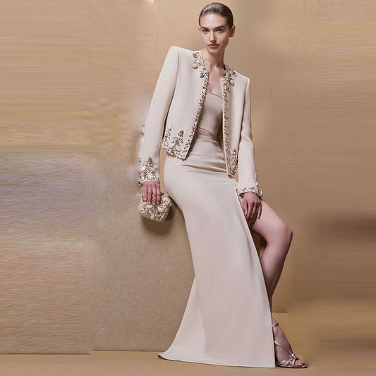 A Heavy Industry Beaded Cardigan Jacket Split Skirt Set, Two-piece Set