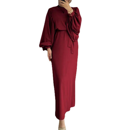 Muslim Women's Autumn and Winter South East Asia Fashion Lantern Sleeve Waist Hip Wrap Crew Neck Long Sleeve Women's Dress - Mixbatch