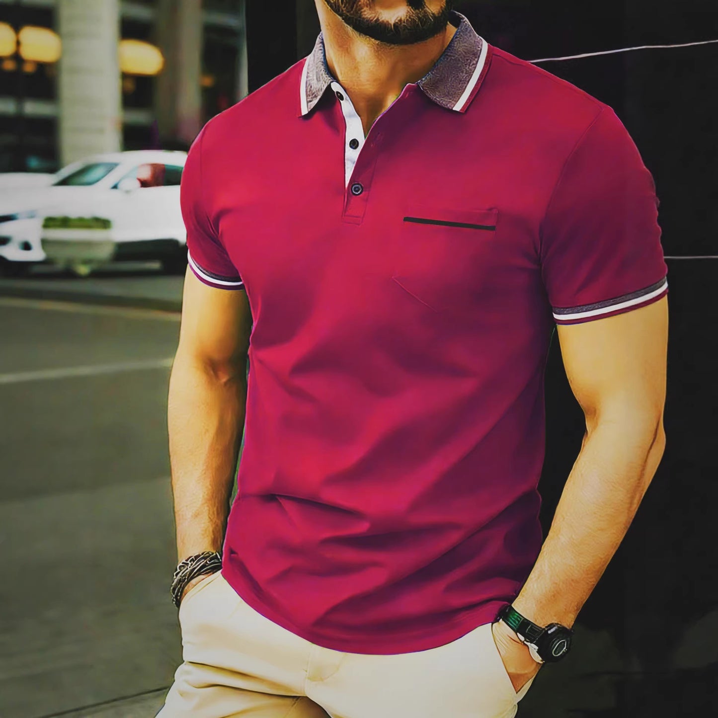 A men's new casual short sleeves; cool and breathable fashion ribbed lapel polo shirt