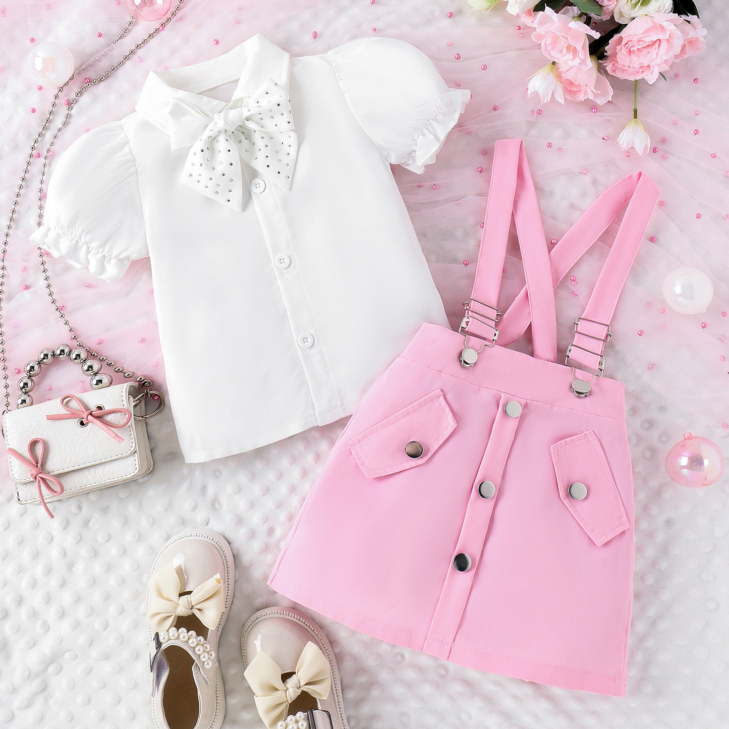 A 2024 summer amazon puff short sleeve lapel bow tie shirt strap short skirt girls suit - Mixbatch