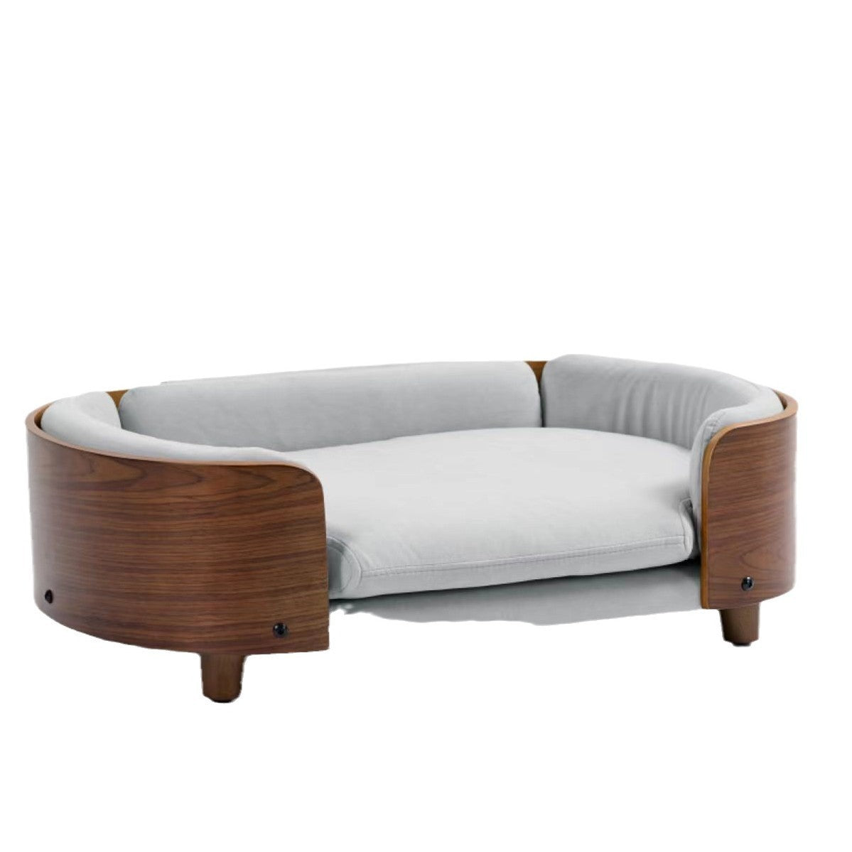 A solid wood pet bed