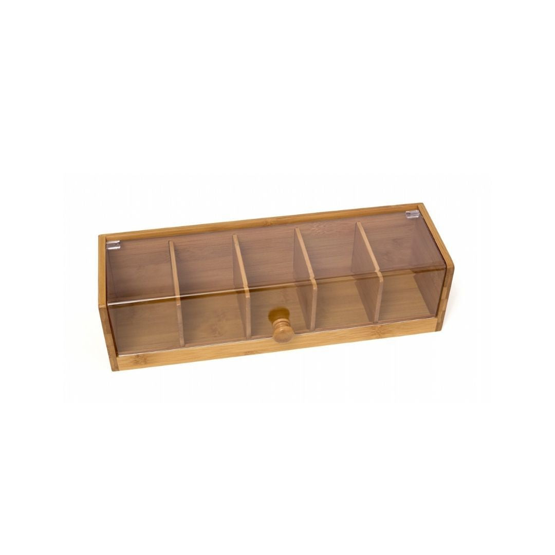 A Bamboo separated flip tea box Wooden packaging box 5 compartments storage with transparent acrylic board tea bag storage