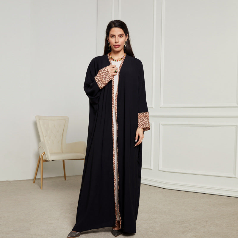 Leopard print headscarf Middle Eastern Muslim clothing long dress fashion elegant cardigan contrasting color dress robe - Mixbatch