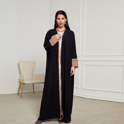 Leopard print headscarf Middle Eastern Muslim clothing long dress fashion elegant cardigan contrasting color dress robe - Mixbatch