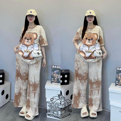 A tie-dye fashion suit women's new loose bear print short-sleeved wide-leg pants foreign style fashionable two-piece set summer