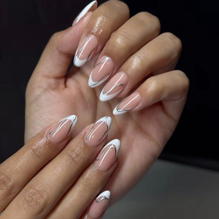 A cross-border explosion European and American style nail piece with diamond long square French manicure three-dimensional love broken diamond wearing nail wholesale - Mixbatch