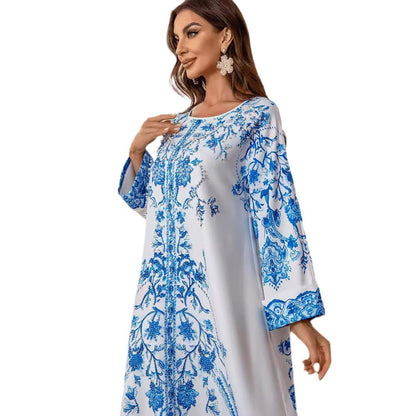 A ZD029 Middle Eastern Muslim Robe High Density Hot Diamond Bead Women's Blue and White Porcelain Elegant Crew Neck Dress Abaya