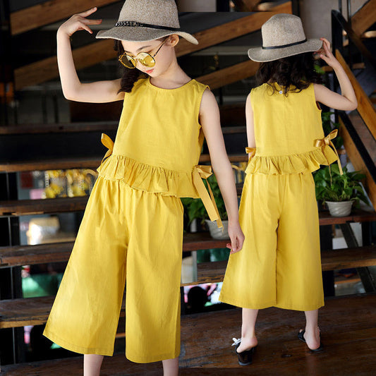A {cotton%} girls summer cotton and linen set, new children's wide-leg pants two-piece set