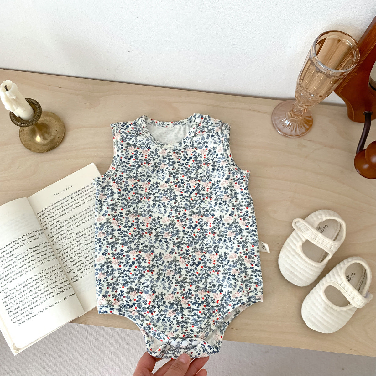 A baby and toddler summer thin boneless vest with buttocks and jumpsuit ins Nordic rabbit floral print sleeveless crawling suit - Mixbatch