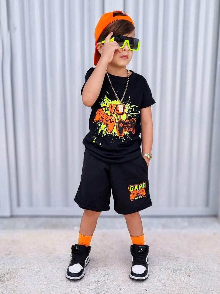 A European, American and foreign trade Amazon summer new hot-selling gamepad printed children's clothing set short-sleeved T-shirt shorts