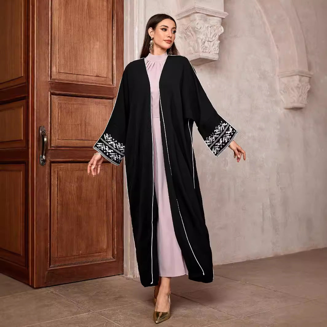New Embroidered Middle East Muslim Fashion Cardigan Arab Robe Bat Sleeve Embroidered Headscarf Black - Mixbatch