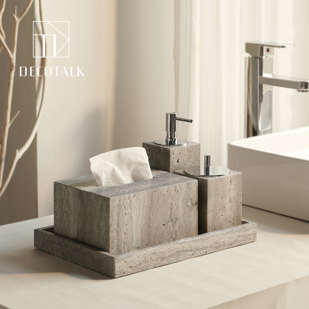 A natural silver gray travertine bathroom set