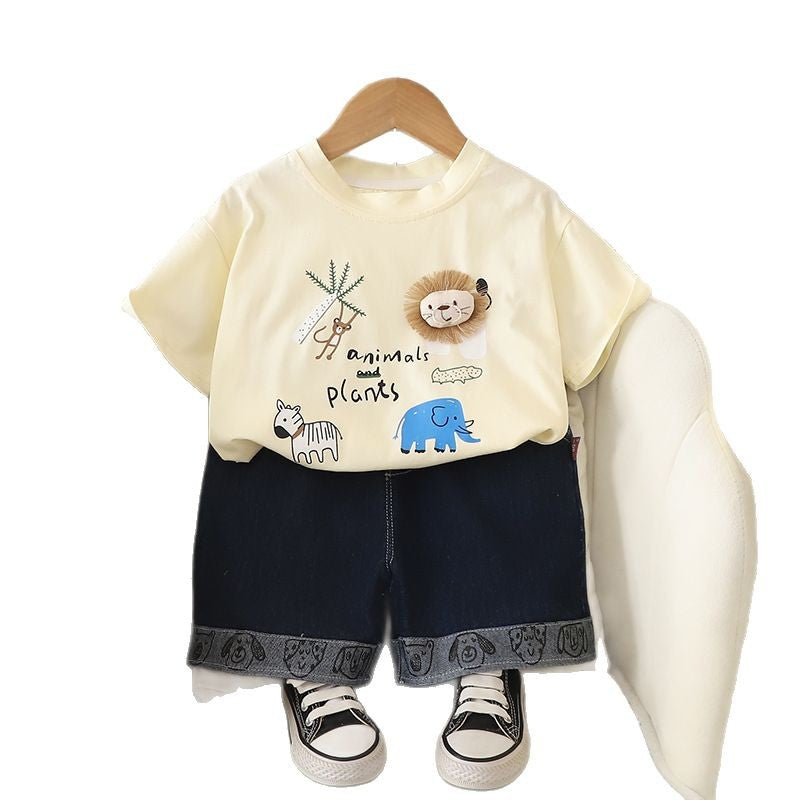 A children's short-sleeved T-shirt set boys and girls summer wear 2025 new loose Korean version cartoon doll top foreign style